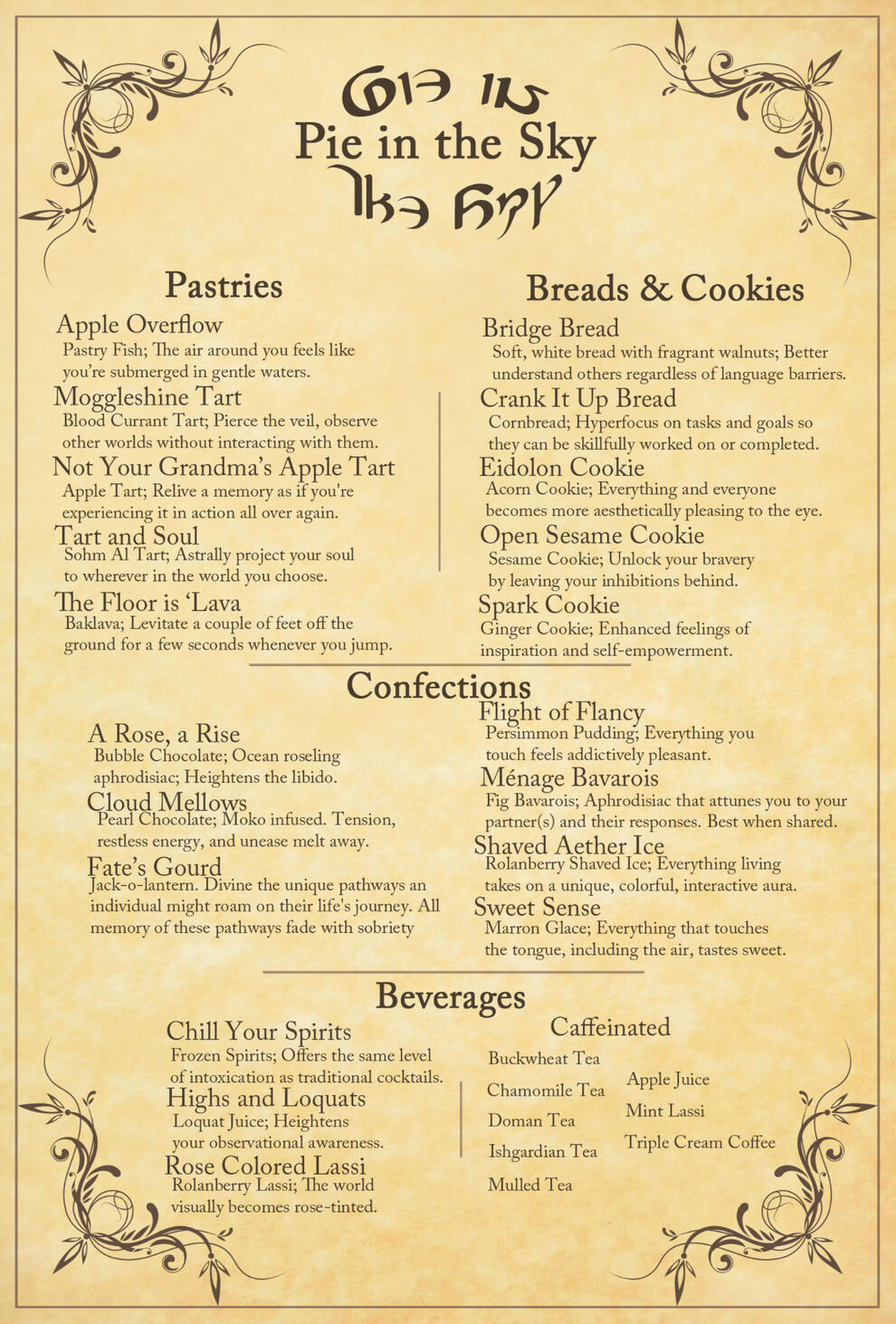 Pie in the Sky Bakery Menu